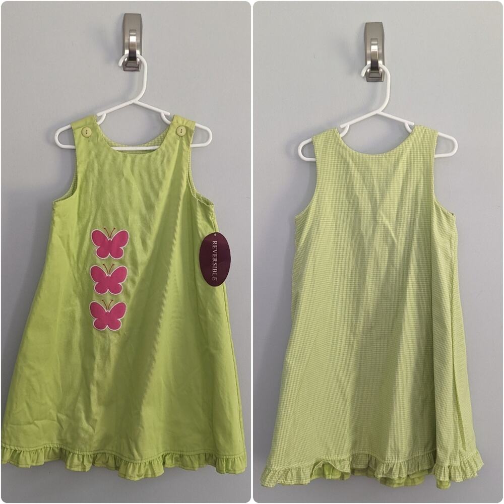 NEW Vintage Girl's 5 Mulberry Street Reversible Green Dress Floral Gingham FLAW